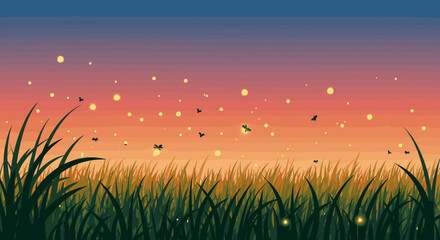 Obraz premium Serene sunset over meadow with fireflies and colorful sky twilight. Vector illustration