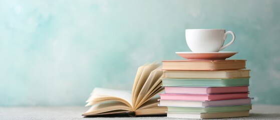 Naklejka premium The cozy stack of books and a cup of coffee on a tranquil background.