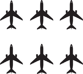 Six silhouetted jet airplanes flying in formation against a white background