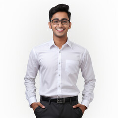 young indian man wearing formal white shirt on white background