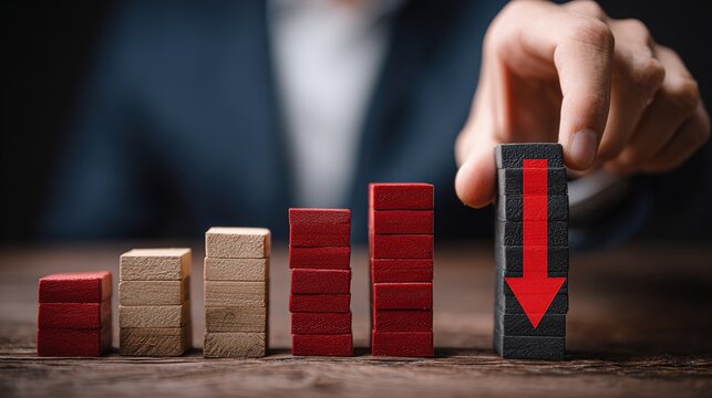 Businessman lowering red block with downward arrow on wooden blocks graph