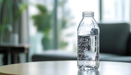 Clear Plastic Water Bottle Filled with Sparkling Water on Table – Refreshing Hydration and Healthy Lifestyle Concept