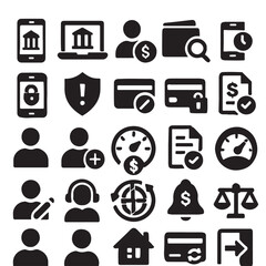 Collection of modern flat icons representing financial services and banking operations