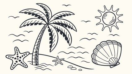 Obraz premium Palm tree beach scene vector art with seashell starfish sun and birds summer vacation drawing 100char