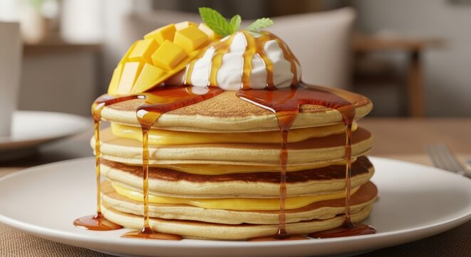Delicious Mango Pancakes with Whipped Cream and Syrup