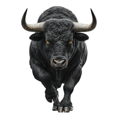 Naklejka premium Black bull charging forward in a powerful display of strength and presence in a vast open field during daylight