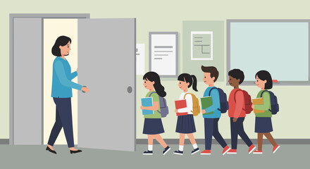 Obraz premium Female teacher welcomes diverse young students in school hallway with backpacks and books. Vector illustration