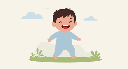 Fototapeta premium Happy caucasian baby child in blue pajamas smiling outdoors in nature. Vector illustration