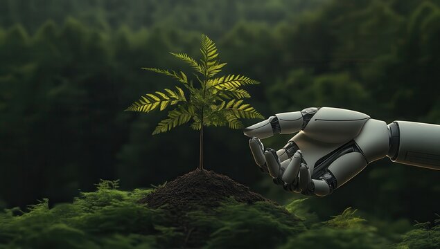 Photo of a robot hand planting trees in the garden, symbolizing environmental protection and AI's role in it. Web banner with copy space on the right. - Powered by Adobe
