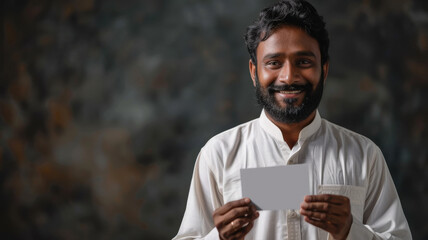 indian rural muslin man holding blank card