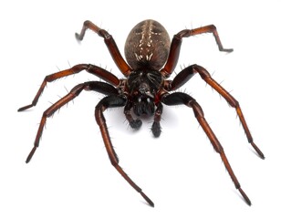 Close-up of a large spider, dark brown and reddish-brown body, spidery legs,  isolated on white background