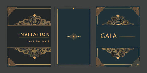 Elegant art deco invitation and gala announcement design with ornate borders