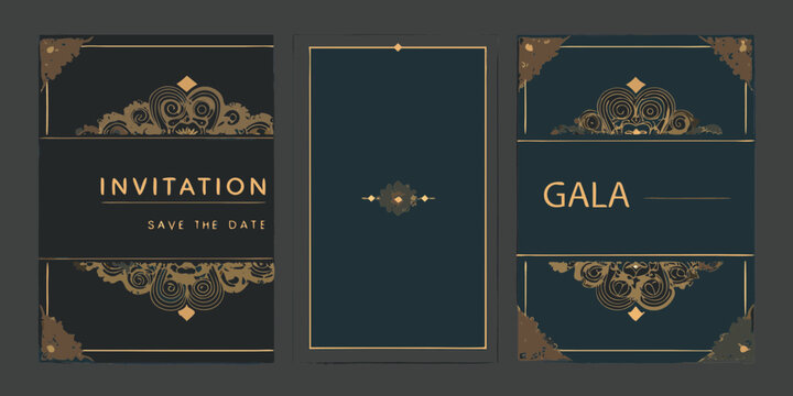 Elegant art deco invitation and gala announcement design with ornate borders