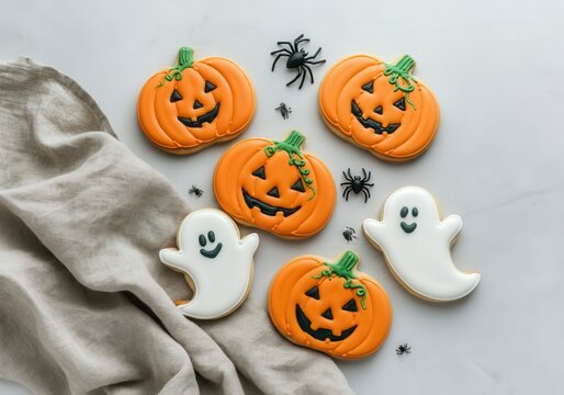 Halloween themed cookies with pumpkins and ghosts on white background - Powered by Adobe