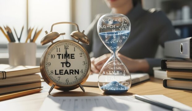 Time to learn concept with alarm clock and hourglass showing math formulas