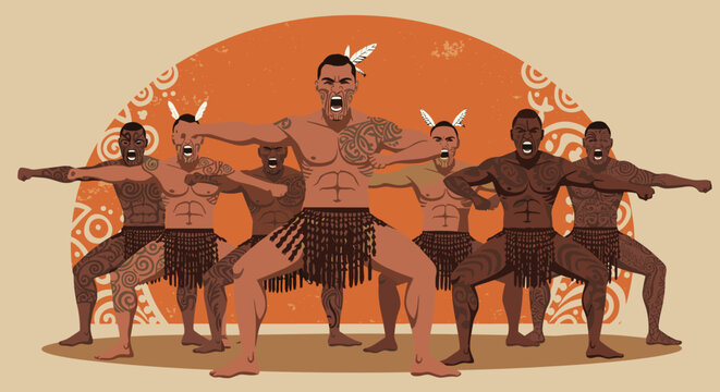 Young adult males performing traditional maori haka dance with cultural tattoos and attire. Vector illustration