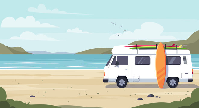 Fototapeta Campervan with surfboard on beach with ocean and hills in background. Vector illustration