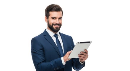 Smiling Businessman Using Tablet, Professional Corporate Portrait, Blue Suit