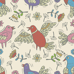 Seamless pattern with doodle birds and flowers. Vector illustration.