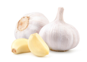 Garlic bulbs wihe peeled cloves isolated on white.