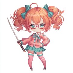 Obraz premium A charming animated character with vibrant red hair, glasses, and a determined gaze, playfully brandishing a sword, is a study in modern illustration, ideal for imaginative projects.
