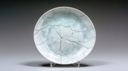 Paper thin porcelain plate standing on edge, with light fractal cracks and glowing rim, fragile elegance scene