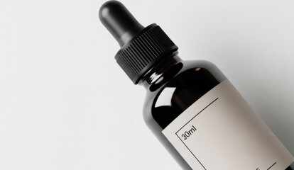 Amber dropper bottle with blank label containing 30ml of serum lying on white surface