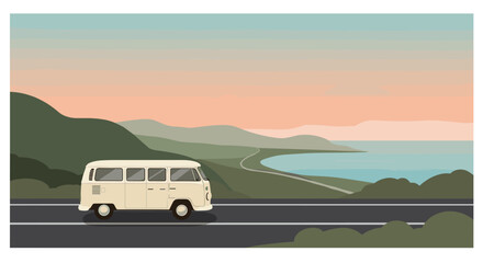 Classic beige van on a scenic coastal drive at sunset with rolling hills and ocean view. Vector illustration
