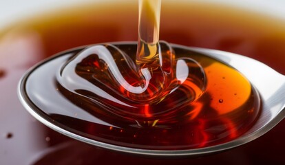 Spoon collecting flowing dark honey creating concentric waves