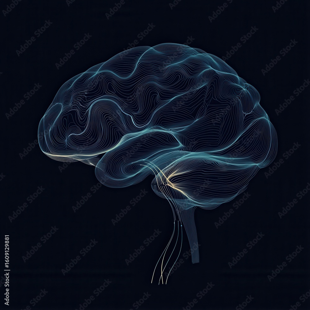 Aufkleber a futuristic bionic human brain with wireframe and digital data flowing, adapting new ai technology 