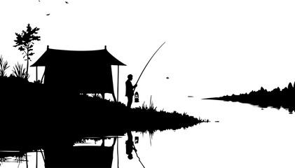 Obraz premium Silhouette of Man Fishing by Lake with Tent and Pine Trees