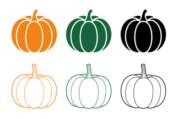 Colorful and Outline Pumpkin Icon Set. Orange, Green, and Black Pumpkins with Line Art Variations for Autumn, Harvest, Thanksgiving, and Halloween Design