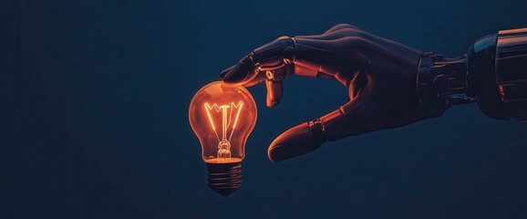 Digital technology and artificial intelligence concept. A human hand is touching a glowing light bulb with a robot arm on a dark blue background in a virtual space, representing.