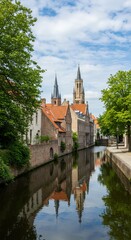 Fototapeta premium Historic Bruges Canal Reflects Medieval Architecture