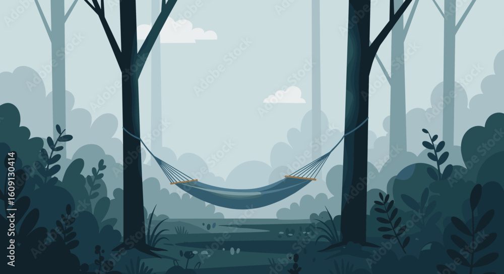 Poster tranquil forest scene with hammock suspended between trees in a serene landscape. vector illustratio
