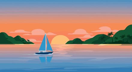 Naklejka premium Serene sunset sailing with vibrant colors over tranquil ocean waters and lush island landscape. Vector illustration