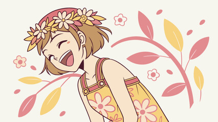 Happy girl with flower crown vector art illustration for spring and summer designs and graphic resources