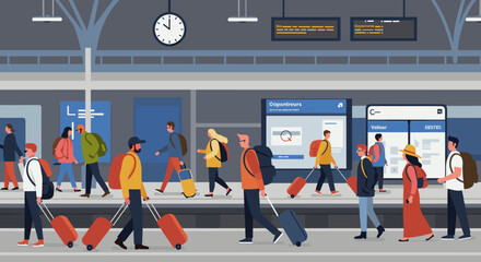 Diverse travelers with luggage walking on train platform at busy station. Vector illustration