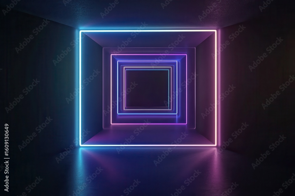 Poster 3d render, abstract futuristic background with neon glowing square lines in blue and purple colors o