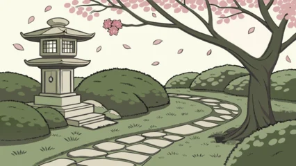 Gordijnen Olijfgroen Japanese garden illustration with stone lantern and cherry blossom tree landscape vector art design image  © Aslihan
