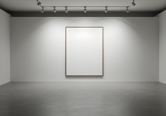 A large blank picture frame hangs on a white wall in an empty, modern art gallery illuminated by spotlights.