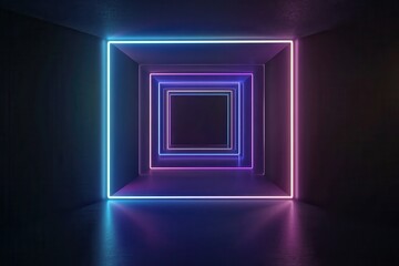 3D render, abstract futuristic background with neon glowing square lines in blue and purple colors on a black backdrop, empty virtual space for design. Glowing digital tunnel or.