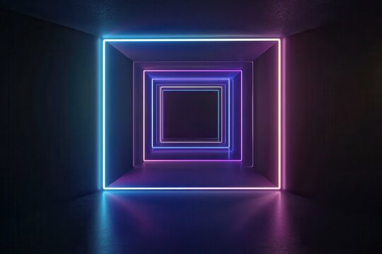 3D render, abstract futuristic background with neon glowing square lines in blue and purple colors on a black backdrop, empty virtual space for design. Glowing digital tunnel or.
