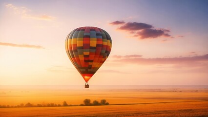 Obraz premium Colorful hot air balloon ascends over a serene, hazy sunrise landscape