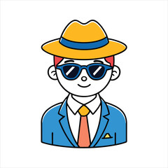 Cartoon illustration of a man wearing a yellow fedora hat, sunglasses, a blue suit, and an orange tie, isolated on a white background