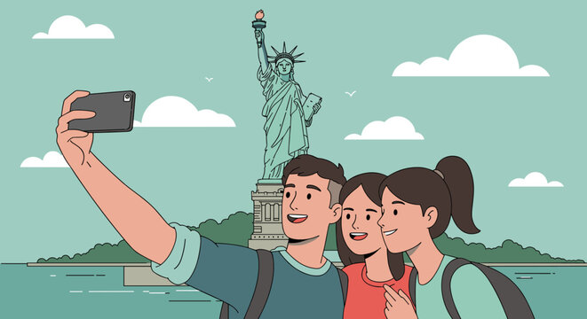Group of young adults taking selfie in front of statue of liberty on a clear day. Vector illustration - Powered by Adobe