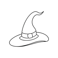 Simple black line art illustration of a witch's hat.