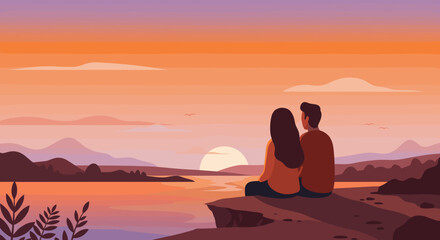 Couple watching sunset by lake &ndash; romantic evening landscape with mountains and water. Vector illustration