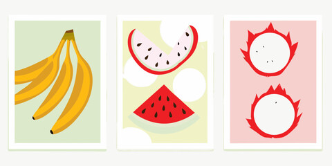 Vibrant tropical fruit illustrations banana watermelon dragon fruit