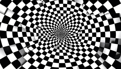 Checkered, warped, radial pattern.  A black and white checkered pattern is distorted into a swirling, tunnel-like effect.  Perspective creates an illusion of depth